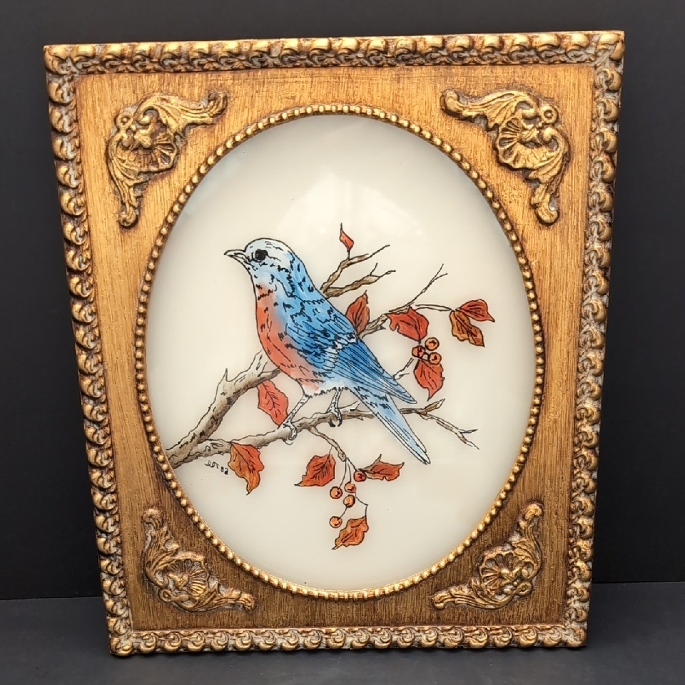 VGT, Reverse Painted Glass in Gold Ornate Frame,Bird on a Branch ,Signed.